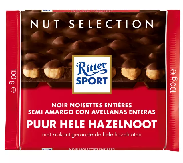 Een Chocolade Ritter Sport puur-hele hazelnoot 100gr koop je bij Totaal Kantoor Goeree