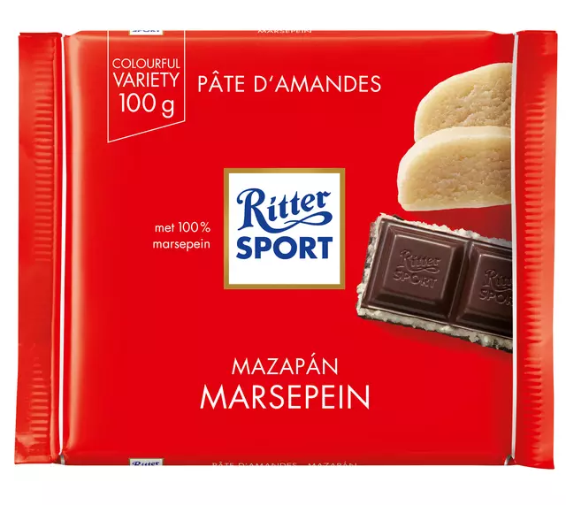 Een Chocolade Ritter Sport puur-marsepein 100gr koop je bij De Angelot