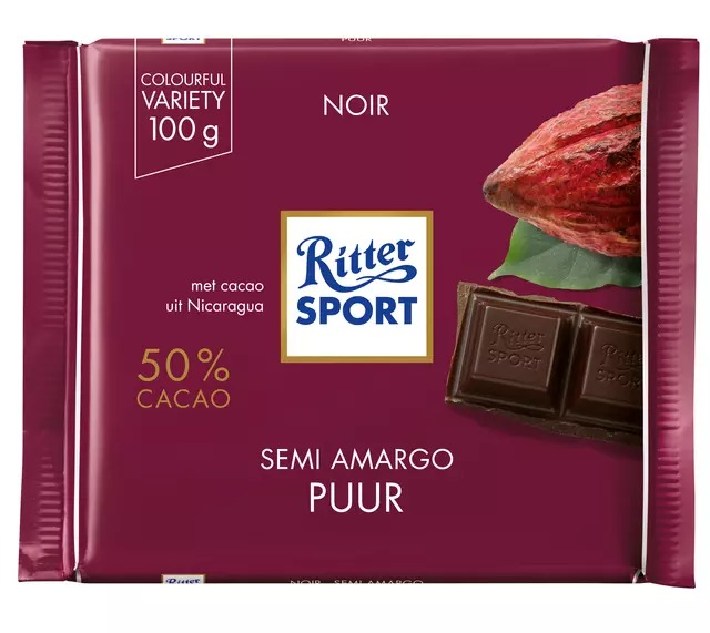Een Chocolade Ritter Sport puur 100gr koop je bij Totaal Kantoor Goeree