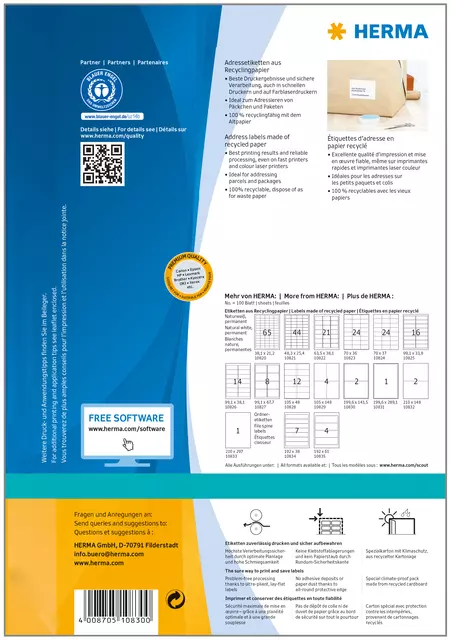 Een Etiket HERMA recycling 10830 199.6x143.5mm 200stuks wit koop je bij Alles voor uw kantoor