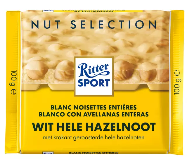 Een Chocolade Ritter Sport wit-hele hazelnoot 100gr koop je bij Totaal Kantoor Goeree