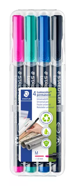 Een Viltstift Staedtler Lumocolor 317 permanent M set à 4 kleuren koop je bij Tonerinktshop