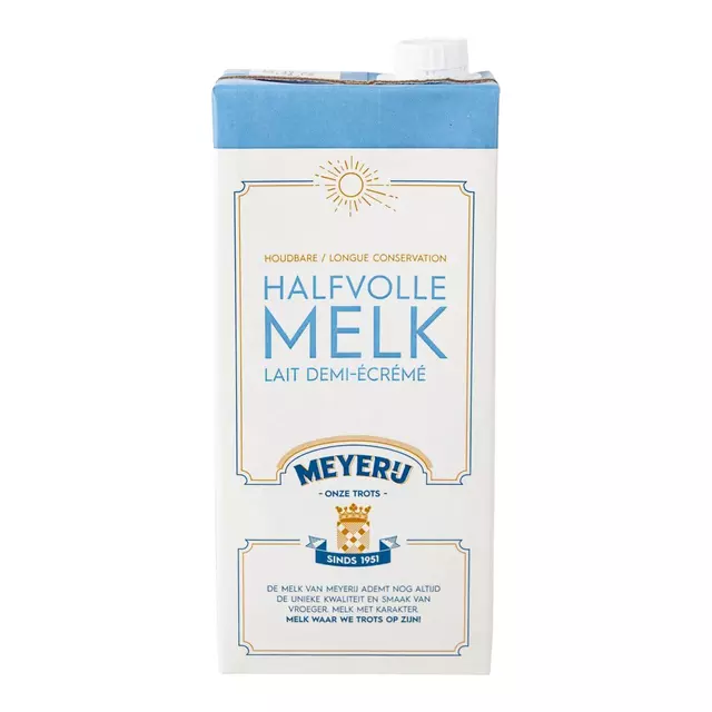 Een Melk Meyerij halfvol lang houdbaar 1 liter koop je bij Totaal Kantoor Goeree