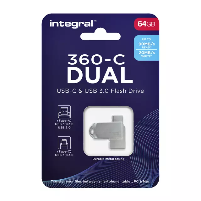Een USB-stick Integral 3.0 USB-360-C Dual 64GB koop je bij EconOffice