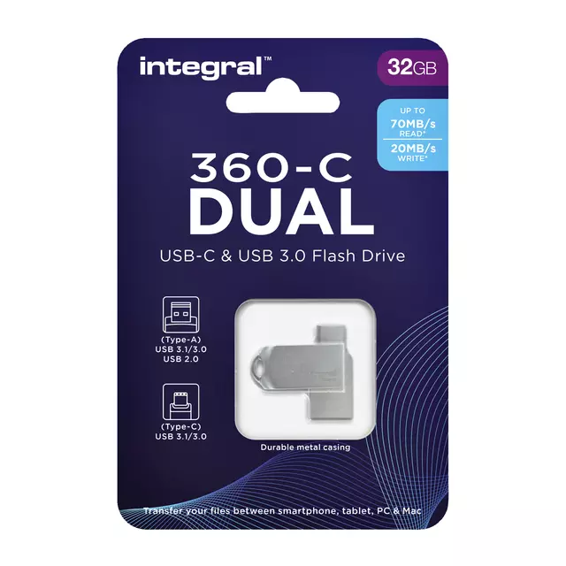 Een USB-stick Integral 3.0 USB-360-C Dual 32GB koop je bij KantoorProfi België BV