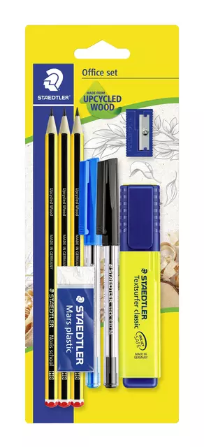Een Schrijfset Staedtler inhoud 3 Noris potloden HB - 2 balpennen, markeerstift, gum en slijper koop je bij KantoorProfi België BV
