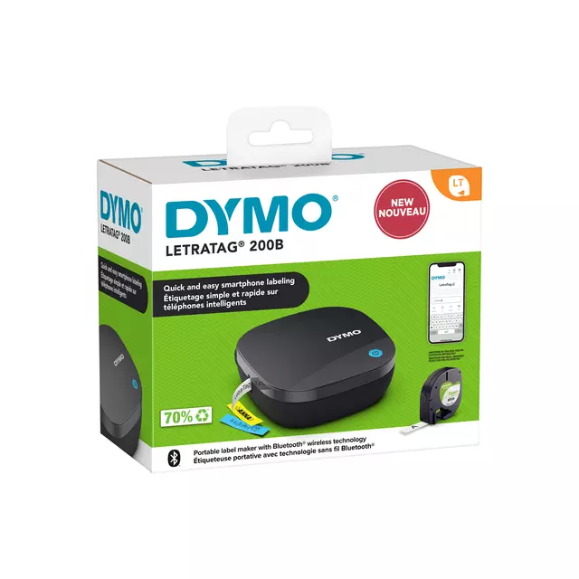 Een DYMO LetraTag 200B labelprinter met bluetooth | Compacte labelmaker | Verbinding via draadloze bluetoothtechnologie met iOS en Android | Inclusief 1 witte LetraTag tape koop je bij Unimark Office B.V.