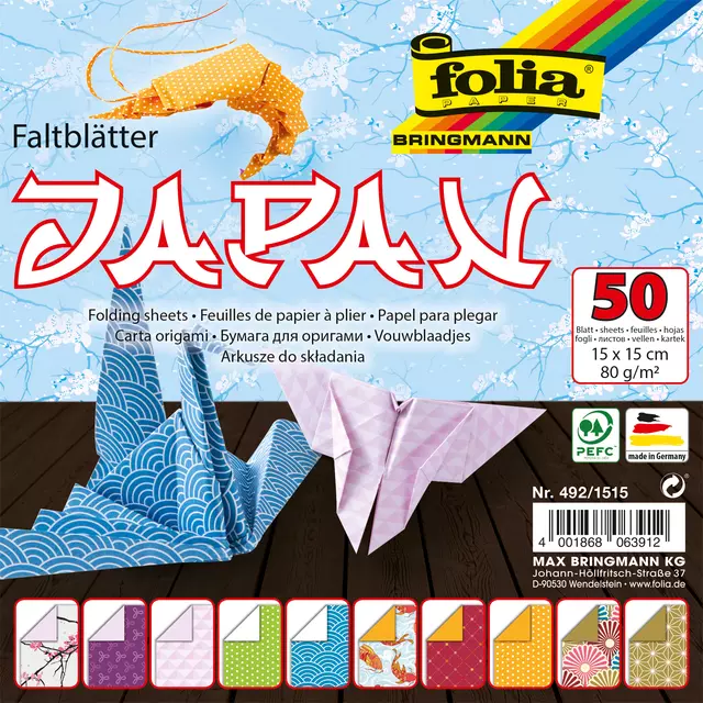 Een Vouwblaadjes Folia 80gr 15x15cm 50 vel 2-zijdig Japan 10 designs assorti kleuren koop je bij KantoorProfi België BV