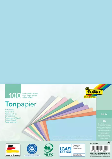 Een Knutselpapier Folia A4 100vel 10 pastelkleuren koop je bij KantoorProfi België BV
