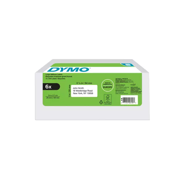 Een Etiket Dymo LabelWriter adressering 25x54mm 6 rollen á 500 stuks wit koop je bij Van Leeuwen Boeken- en kantoorartikelen