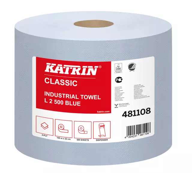 Een Poetspapier Katrin 2-laags large 220mmx180m blauw koop je bij KantoorProfi België BV