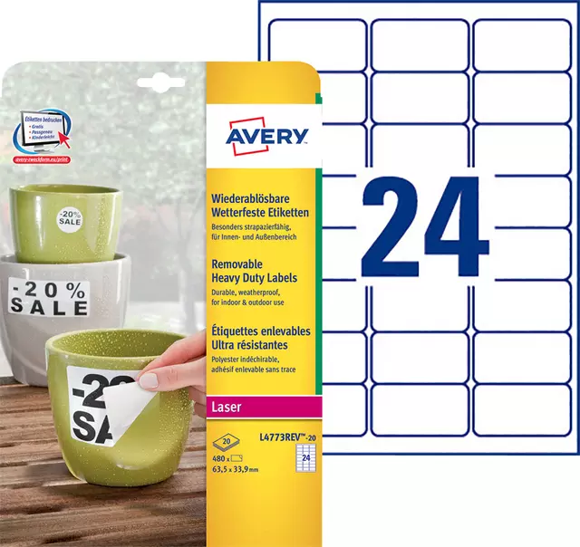 Een Etiket Avery L4773REV-20 63.5x33.9mm wit 480stuks koop je bij Van Hoye Kantoor BV