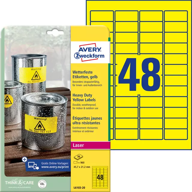 Een Etiket Avery Zweckform L6103-20 45.7x21.2mm geel 960stuks koop je bij Van Hoye Kantoor BV