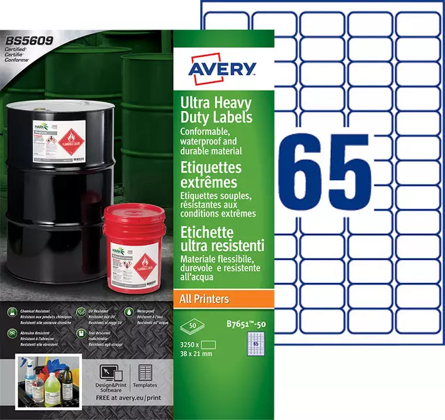 Een Etiket Avery B7651-50 38x21mm polyethyleen wit 3250stuks koop je bij Kantoorvakhandel van der Heijde