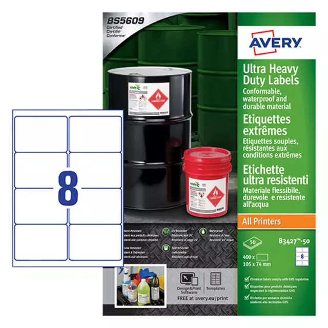 Een Etiket Avery B3427-50 105x74mm polyethyleen wit 400stuks koop je bij Kantoorvakhandel van der Heijde