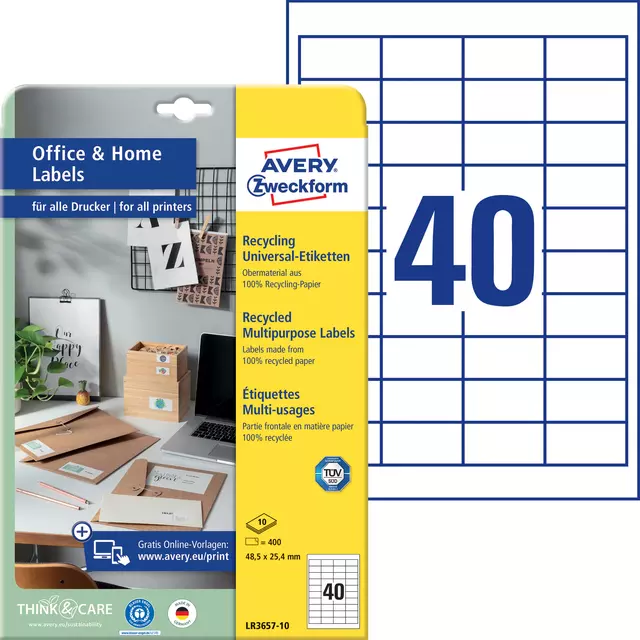 Een Etiket Avery Zweckform LR3657-10 48.5x25.4mm recycled wit 400stuks koop je bij Van Hoye Kantoor BV