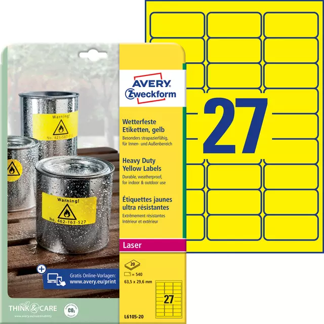Een Etiket Avery Zweckform L6105-20 63.5x29.6mm geel 540stuks koop je bij Van Hoye Kantoor BV