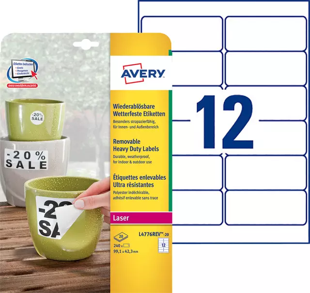 Een Etiket Avery L4776REV-20 99.1x42.3mm wit 240stuks koop je bij Van Hoye Kantoor BV