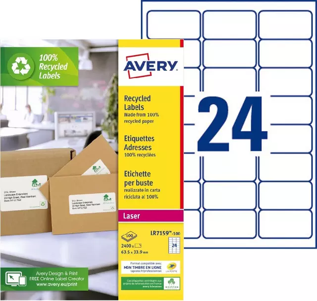 Een Etiket Avery LR7159-100 33.9x63.5mm recycled wit 2400stuks koop je bij Van Hoye Kantoor BV
