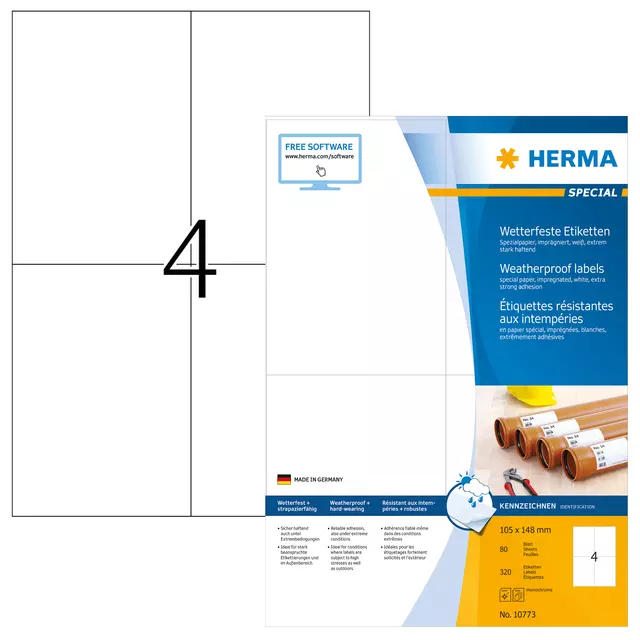 Een Etiket HERMA 10773 105x148mm weerbestendig wit 320stuks koop je bij KantoorProfi België BV