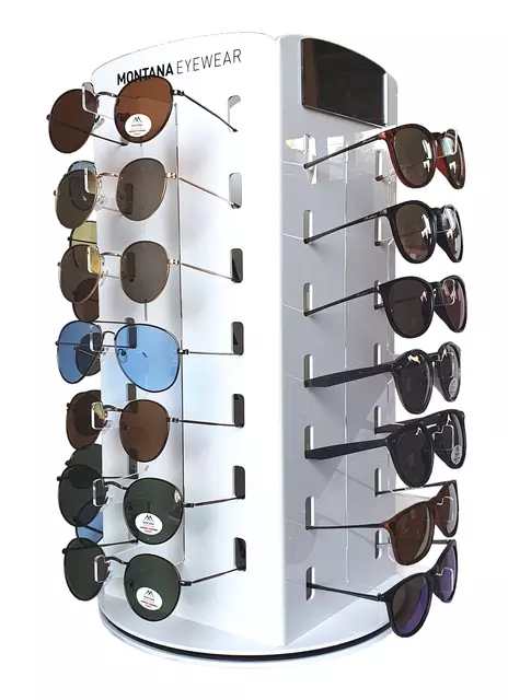 Een Tafeldisplay Montana leeg voor 28 zonnebrillen koop je bij MV Kantoortechniek B.V.