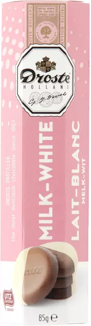 Een Chocolade Droste pastilles melk wit 85gr koop je bij MV Kantoortechniek B.V.