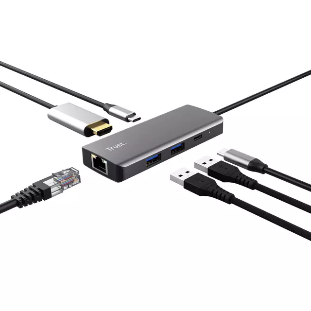 Een Adapter Trust DALYX 6-in-1 USB-C multipoort grijs koop je bij Goedkope Kantoorbenodigdheden