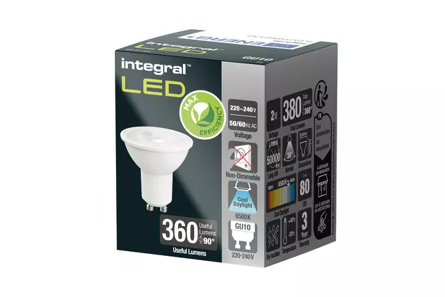 Een Ledlamp Integral GU10 6500K koel wit 2.0W 380lumen koop je bij EconOffice