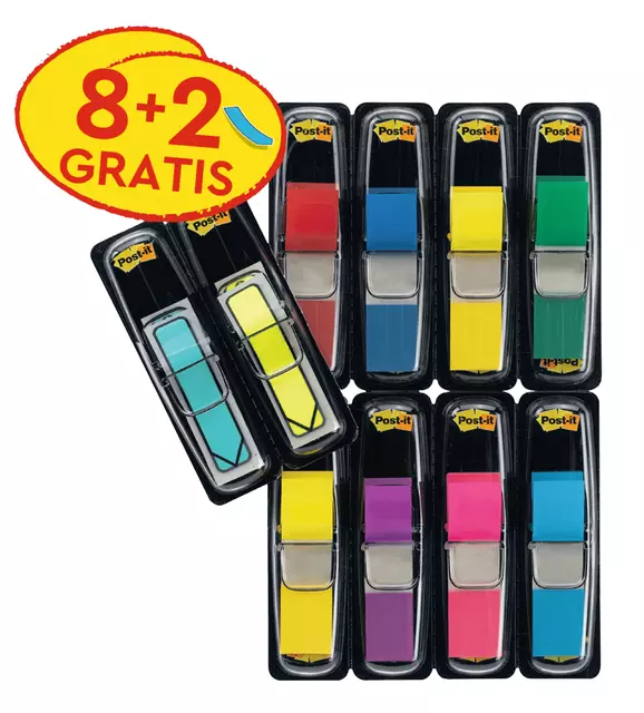Een Indextabs 3M Post-it 683 11.9x43.2mm 8 kleuren assorti + 2 sets pijlvorm gratis koop je bij Van Leeuwen Boeken- en kantoorartikelen