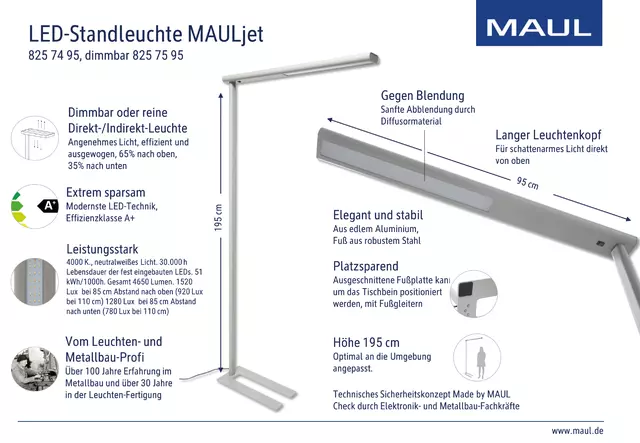 Vloerlamp MAUL Jet LED dimbaar hg 195 cm zilver