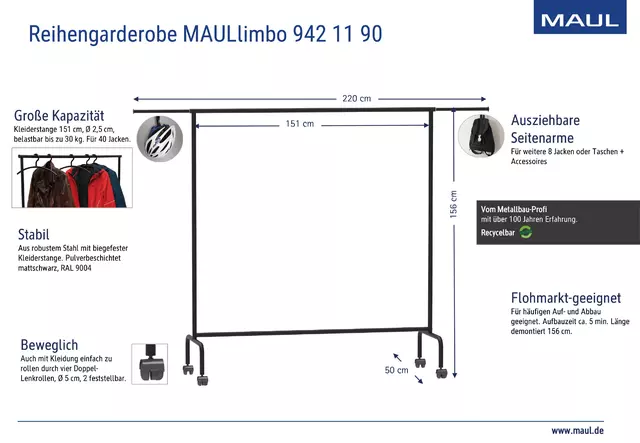 Een Garderoberek MAUL Limbo 156x126(tot 220)x50cm mobiel (zijarmen) koop je bij L&N Partners voor Partners B.V.