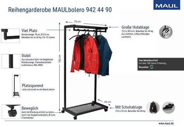 Een Garderoberek MAUL Bolero 166x78x46cm mobiel koop je bij QuickOffice BV