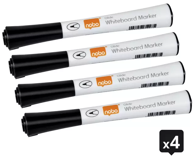 Een Viltstift Nobo whiteboard Glide fijn zwart 1mm 4stuks koop je bij Totaal Kantoor Goeree