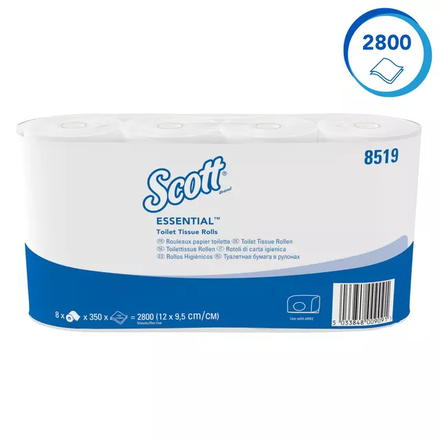 Een Toiletpapier Scott Essential 2-laags 350 vel wit 8519 koop je bij MV Kantoortechniek B.V.