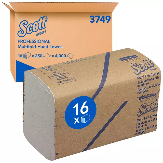 Een Handdoek Scott m-vouw 1laags 20.3x24cm wit 16x250stuks 3749 koop je bij Kantoorvakhandel van der Heijde