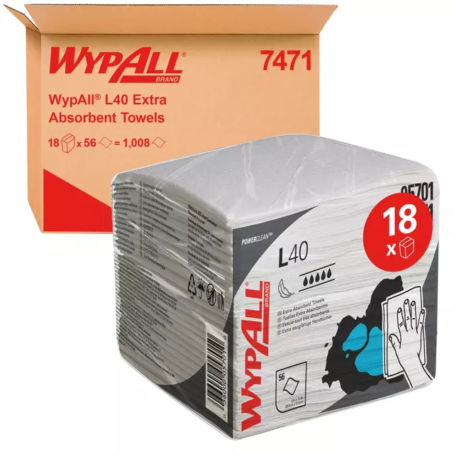 Een Poetsdoek WypAll L40 1-laags 304x317mm 18x56stuks wit 7471 koop je bij L&N Partners voor Partners B.V.