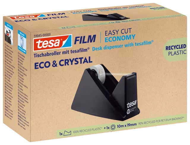 Een Plakbandhouder Tesa eco&crystal 59045 zwart met 1 rol tape 19mmx10m koop je bij Van Leeuwen Boeken- en kantoorartikelen