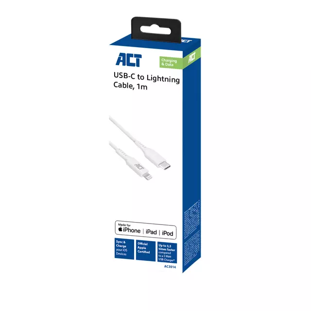 Een Kabel ACT USB-C naar Lightning laad -en data 1 meter koop je bij EconOffice