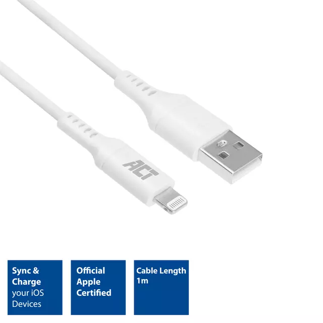 Een Kabel ACT USB 2.0 naar Lightning laad -en data 1 meter koop je bij Van Leeuwen Boeken- en kantoorartikelen