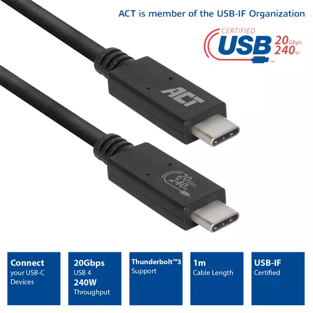 Een Kabel ACT USB-C USB 4 20Gbps Thunderbolt3 1 meter koop je bij L&N Partners voor Partners B.V.