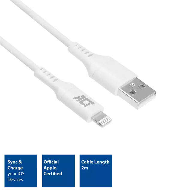 Een Kabel ACT USB 2.0 naar Lightning laad -en data 2 meter koop je bij Totaal Kantoor Goeree