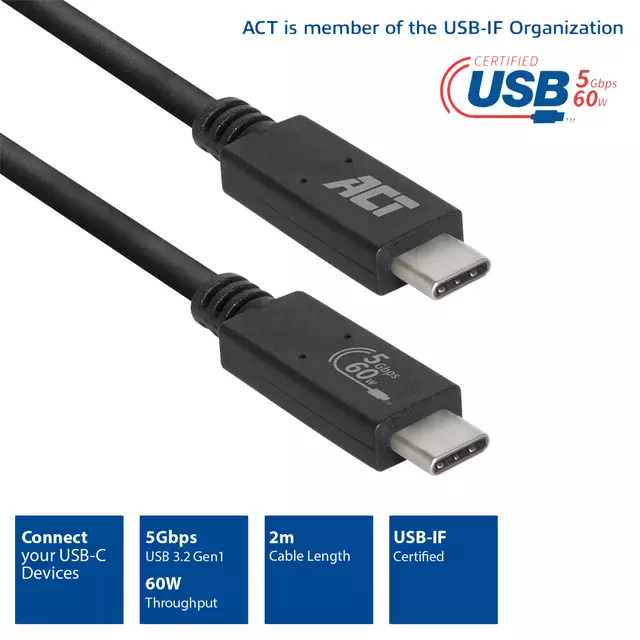 Een Kabel ACT USB 3.2 USB-C USB-IF gecertificeerd 2 meter koop je bij Van Leeuwen Boeken- en kantoorartikelen