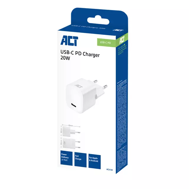 Een Oplader ACT compact met Powerdelivery 20W wit koop je bij Totaal Kantoor Goeree