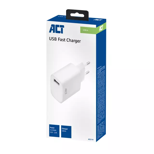 Een Oplader ACT USB 2.4A 12W wit koop je bij EconOffice