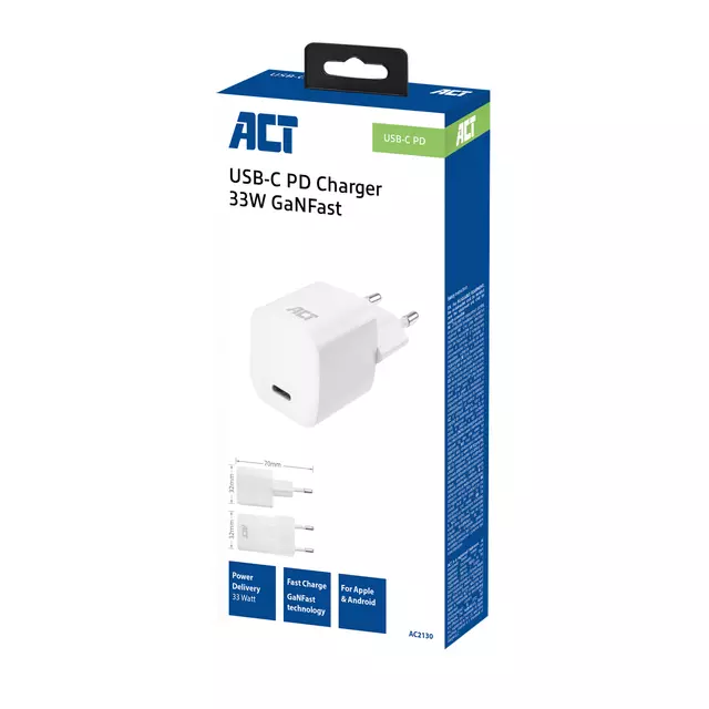 Een Oplader ACT USB-C compact GaNFast 33W wit koop je bij L&N Partners voor Partners B.V.