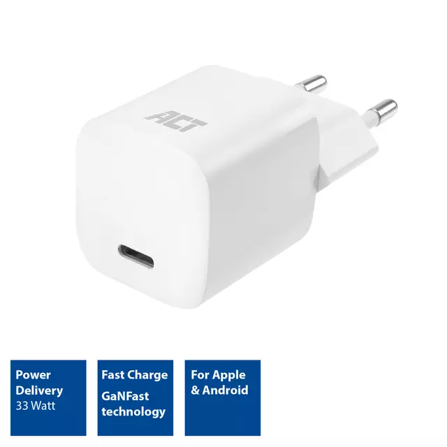 Oplader ACT USB-C compact GaNFast 33W wit