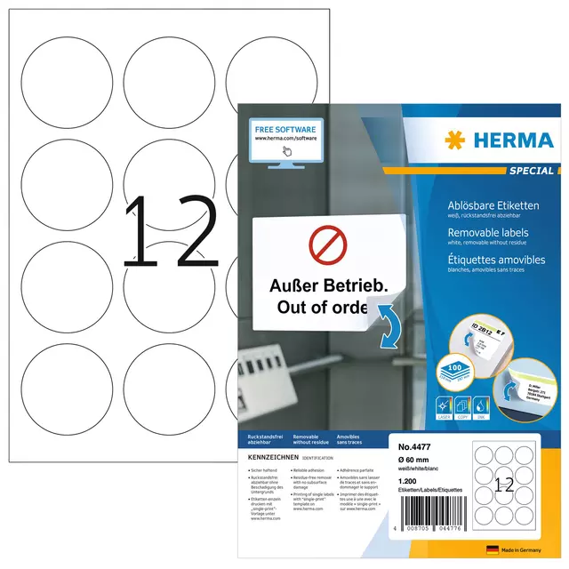 Een Etiket HERMA 4477 rond 60mm verwijderbaar wit 1200 etiketten koop je bij Totaal Kantoor Goeree