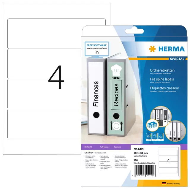 Een Rugetiket HERMA 5123 192x59mm zelfklevend wit 100 etiketten koop je bij Van Leeuwen Boeken- en kantoorartikelen
