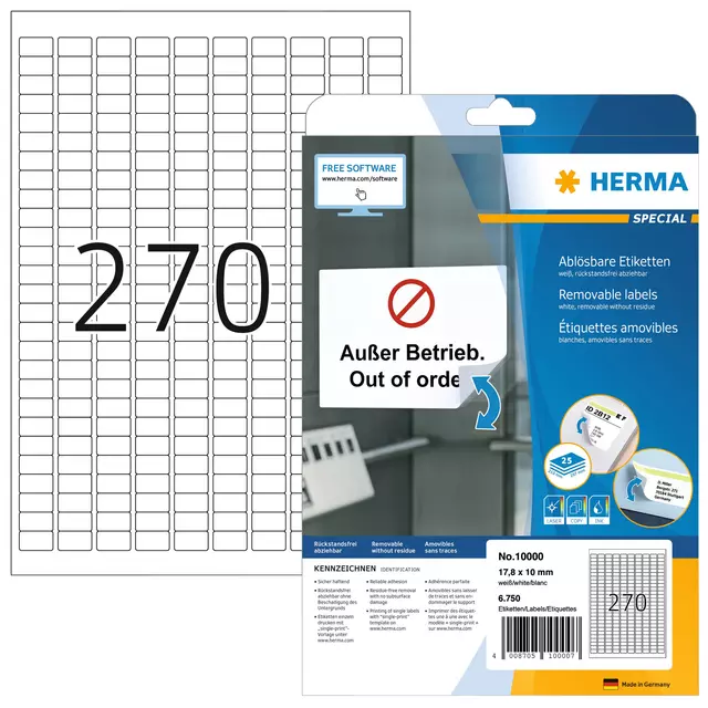 Een Etiket HERMA 10000 17.8x10mm verwijderbaar wit 6750 etiketten koop je bij KantoorProfi België BV