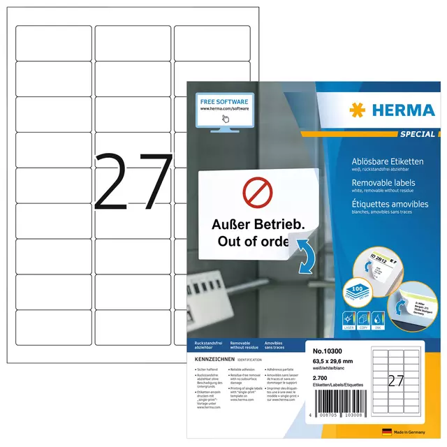 Een Etiket HERMA 10300 63.5x29.6mm verwijderbaar wit 2700 etiketten koop je bij KantoorProfi België BV